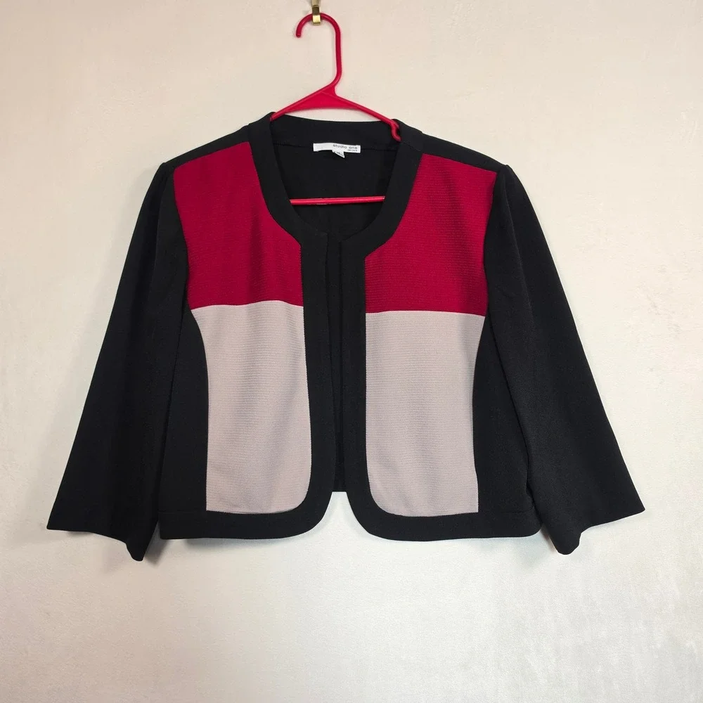 Studio One Bolero Shrug Womens 14 Black‎ Red Colorblock Minimalist Cardigan
